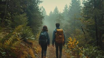 ai generato un' coppia escursioni a piedi attraverso un' panoramico foresta pista foto