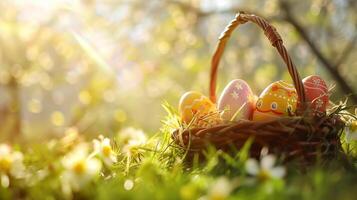 ai generato Pasqua cestino pieno con colorato uova e fiori su il verde erba con primavera giardino sfondo, contento Pasqua foto