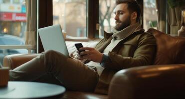 ai generato digitale nomade giovane uomo utilizzando il computer portatile computer a il bar, Lavorando a distanza e tecnologia concetto foto