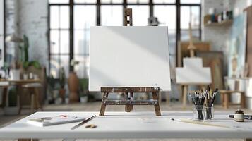 ai generato vuoto bianca tela su tavolo con sfocato arte forniture sfondo ideale per in mostra arte o mestiere prodotti foto