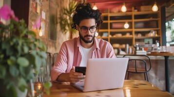 ai generato digitale nomade giovane uomo utilizzando il computer portatile computer a il bar, Lavorando a distanza e tecnologia concetto foto