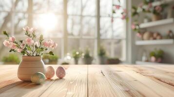 ai generato astratto di legno tavolo con Pasqua uova e fiore, copia spazio al di sopra di sfocato finestra interno sfondo, Schermo per Prodotto montaggio foto