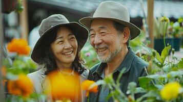 ai generato asiatico anziano coppia soggiorno attivo di giardinaggio insieme foto
