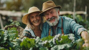 ai generato un' anziano coppia soggiorno attivo di giardinaggio insieme foto