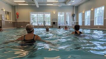 ai generato un' gruppo di gli anziani partecipando nel un' acqua aerobica classe foto