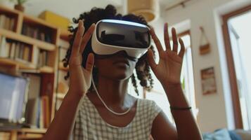 ai generato africano americano giovane donna indossare utilizzando virtuale la realtà metaverso vr bicchieri cuffia a casa ragazza toccante aria durante vr Esperienza foto