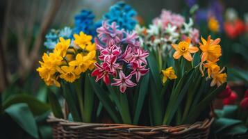 ai generato un' vicino su tiro di colorato primavera fiori disposte nel un' cestino simboleggiante il bellezza di il stagione foto