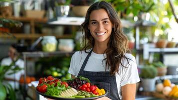 ai generato un' sorridente dietologo Tenere un' piatto di salutare cibo foto