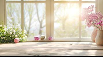 ai generato astratto di legno tavolo con Pasqua uova e fiore, copia spazio al di sopra di sfocato finestra interno sfondo, Schermo per Prodotto montaggio foto