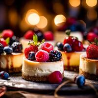 ai generato buongustaio mini cheesecake con fresco frutti di bosco contro un' bokeh sfondo. foto