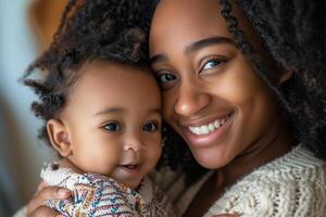 ai generato sorridente africano americano madre Tenere sua bambino, tutti e due con Riccio capelli, nel un' amorevole abbraccio. foto