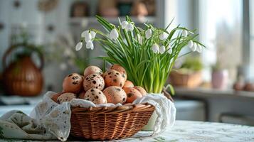 ai generato Pasqua cestino con bucaneve e decorato uova tra fresco bucaneve su il cucina tavolo. foto