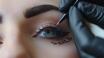 ai generato avvicinamento di eyeliner abilità artistica su un' donna di occhio. foto