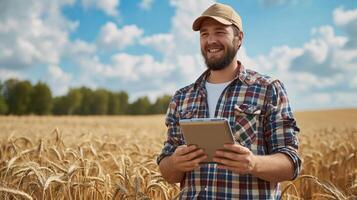 ai generato un' allegro contadino con un' tavoletta sta nel un' Grano campo, simboleggiante moderno dell'agricoltura miscela di tecnologia e tradizione. copia spazio nel il cielo. foto