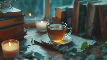 ai generato tranquillo lettura angolo con tè e lume di candela foto