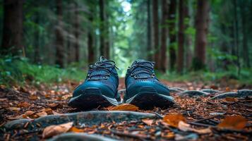 ai generato escursioni a piedi viaggio scarpe su foresta pista foto