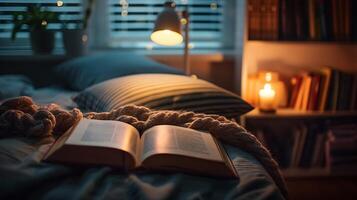 ai generato intimo lettura spazio con libro e morbido illuminazione foto