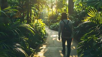 ai generato illuminata dal sole passeggiare nel un' verdeggiante tropicale giardino foto