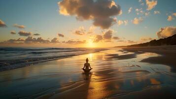 ai generato sereno spiaggia meditazione a Alba foto