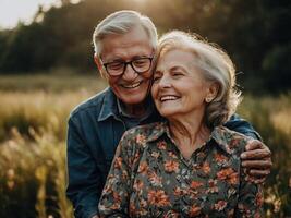 ai generato donna uomo all'aperto anziano coppia contento stile di vita la pensione insieme sorridente amore vecchio natura maturo foto