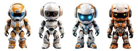 ai generato collezione di 3d animazione di carino poco cyborg robot personaggi moderno stile tecnologia, generativo ai foto