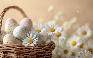 ai generato Pasqua cestino in mezzo margherita fiori foto