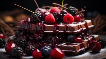 ai generato delizioso cialde sormontato con frutti di bosco e sciroppo foto