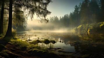 ai generato mistico Alba al di sopra di nebbioso foreste lago foto