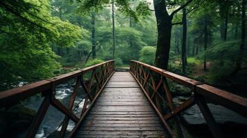 ai generato foresta ponte al di sopra di il fiume flusso foto