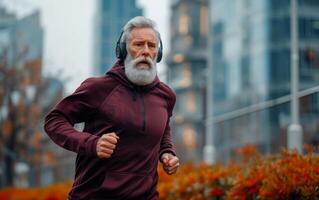 ai generato anziano corridore jogging con cuffie su nel urbano la zona foto