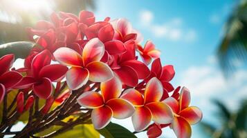 ai generato vivace rosa plumeria fiori nel luce del sole foto