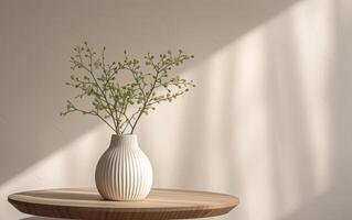ai generato verde rametti nel elegante moderno vaso su un' di legno tavolo, neutro parete nel sfondo foto