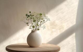 ai generato di legno tavolo in mostra un' moderno vaso con verde rametti contro un' neutro parete foto