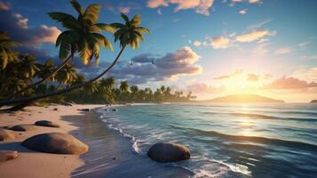 ai generato tropicale spiaggia Paradiso con lussureggiante palme foto