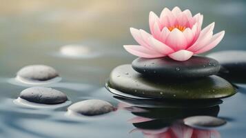 ai generato rosa loto fiore su zen pietre con acqua riflessione, terme concetto foto