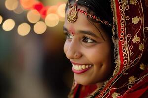 ai generato ritratto di un' bellissimo indiano donna indossare sari e velo foto