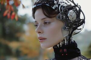 ai generato avvicinamento di femmina robot testa. concetto di artificiale intelligenza. foto