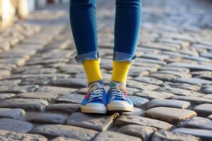 ai generato femmina gambe nel giallo calzini, jeans e scarpe da ginnastica su il pavimentazione pietre foto