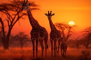 ai generato un' gruppo di giraffe nel il africano savana contro il fondale di un' bellissimo tramonto foto