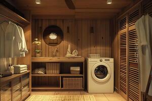 ai generato interno di un' accogliente di legno lavanderia camera nel un' moderno Casa foto