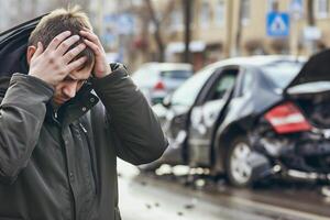 ai generato un' uomo detiene il suo testa con il suo mani contro il sfondo di un' rotto macchina, un' auto incidente su un' città strada foto