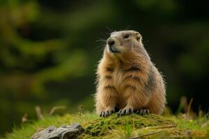 ai generato carino marmotta strisciato su di il suo buco e si crogiola nel il sole, marmotta giorno foto