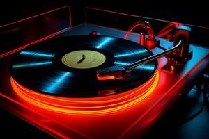 ai generato piatto con vinile disco nel discoteca. vicino su Visualizza. foto