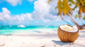 ai generato Aperto Noce di cocco su bianco come la neve sabbia su un' tropicale spiaggia foto