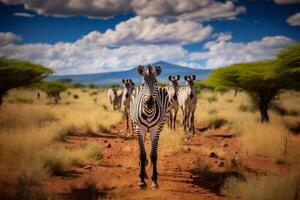 ai generato un' gruppo di zebre nel Africa su un' luminosa soleggiato giorno foto