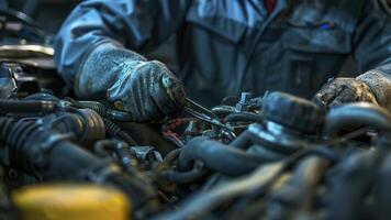 ai generato auto meccanico Lavorando nel officina, vicino su un' auto meccanico riparazione auto motore, servizio lavoratore a il opera foto