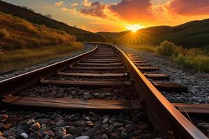 ai generato ferrovia rotaie partire in il distanza in giro il piegare contro il fondale di un' bellissimo tramonto foto