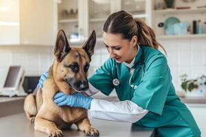 ai generato cura donna veterinario esamina un' cane a un appuntamento foto