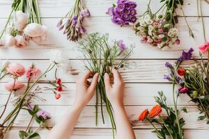 ai generato ritagliata Visualizza di fioraio fabbricazione mazzo di fiori su di legno superficie foto