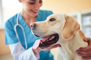 ai generato cura donna veterinario esamina un' cane a un appuntamento foto